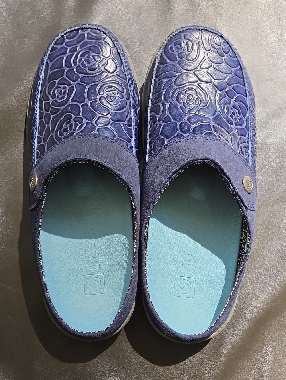 Spenco Orthotic Alicia Mules Slide Blue Embossed Floral Clog Women's Size 8 1/2